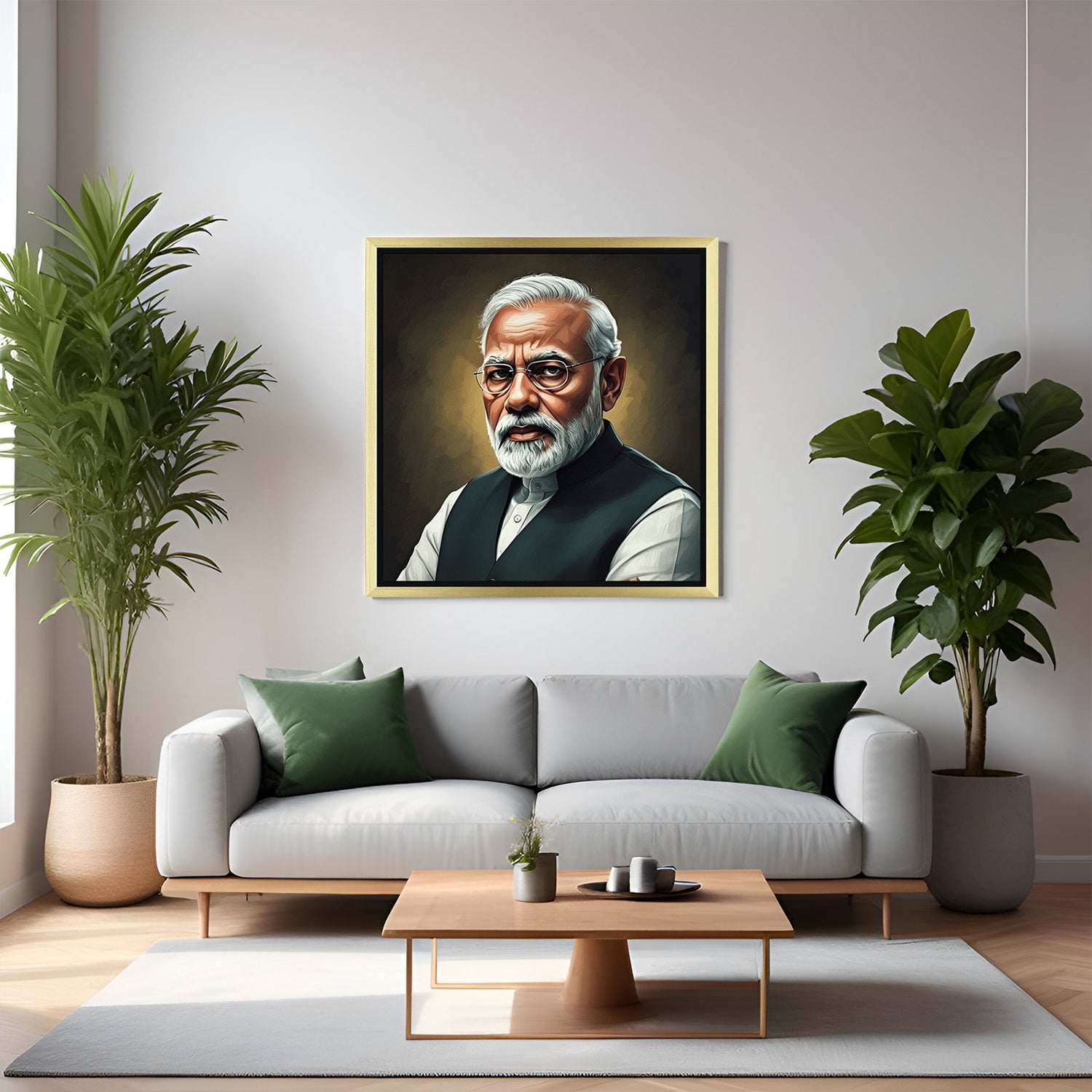Golden framed digital canvas of Narendra Modi Ji, honoring his leadership in a powerful and respectful modern art expression