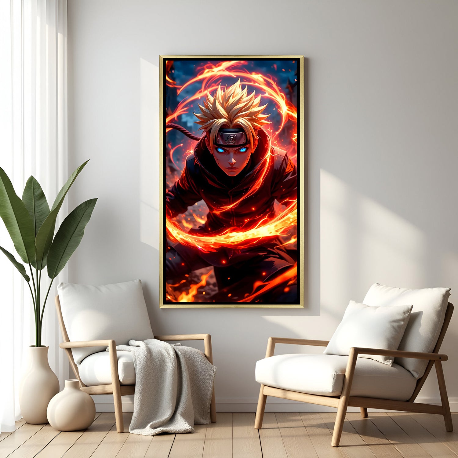 Naruto Uzumaki Naruto wall art in luxury golden floater frame with fire anime design