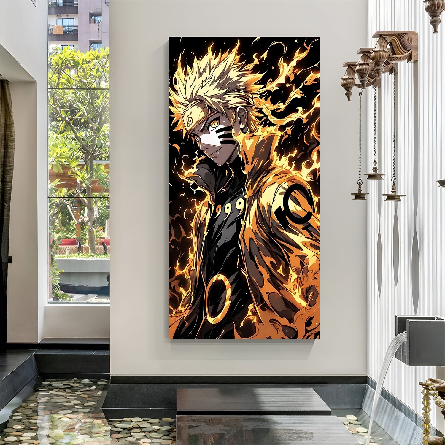 Naruto Golden Warrior canvas painting with fiery golden anime artwork in canvas wrapped frame