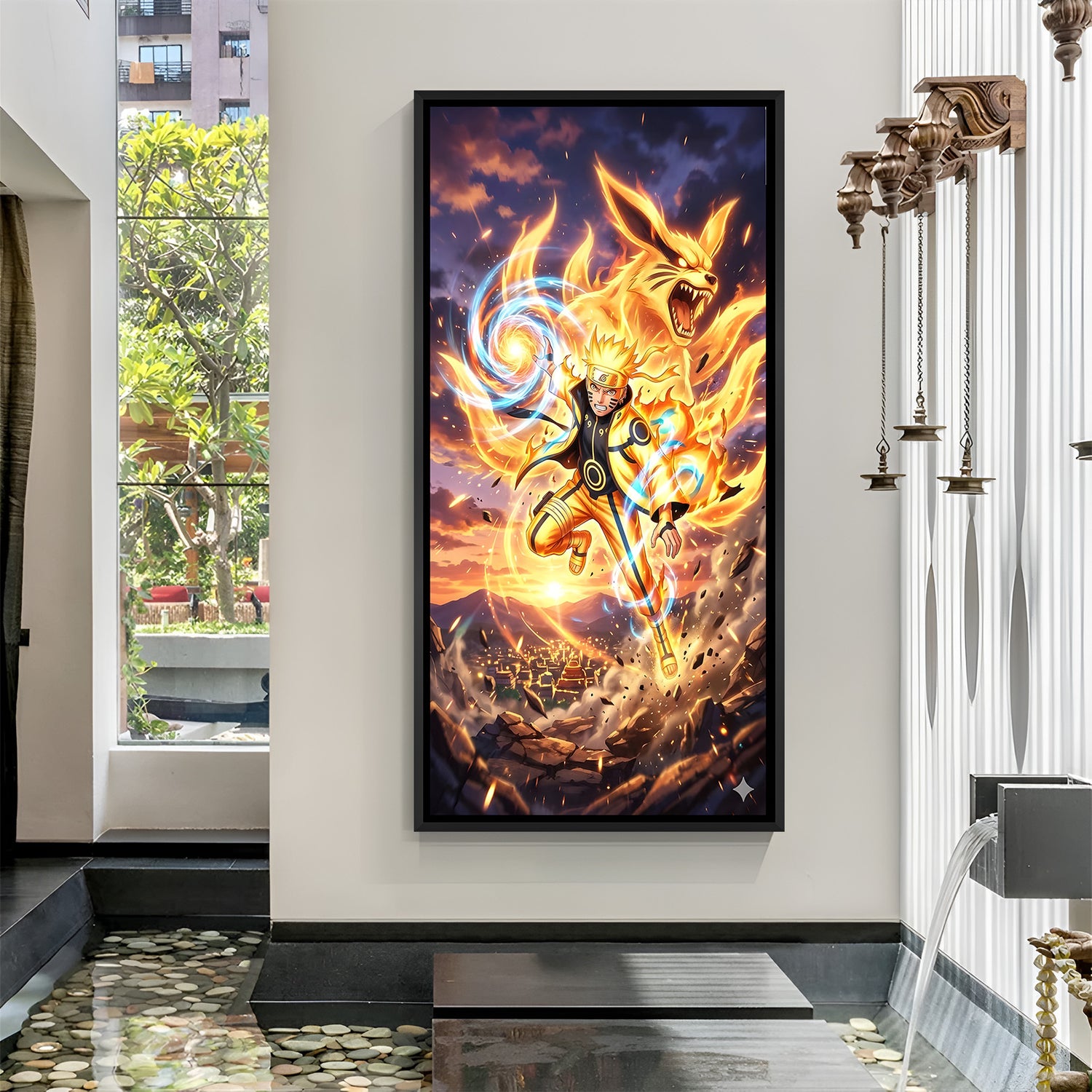 Naruto Kurama Attack anime canvas artwork in premium black floater frame
