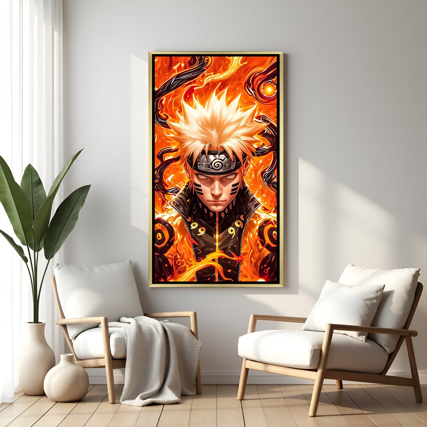 Naruto Uzumaki Naruto wall art in luxury golden floater frame with orange anime design