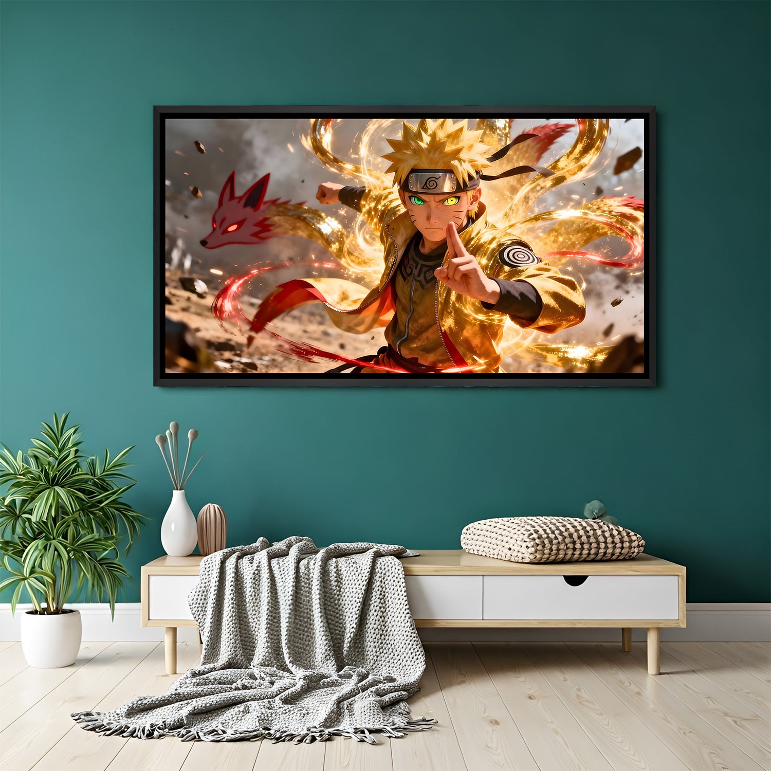 Naruto Uzumaki Kurama Chakra Mode anime canvas artwork in premium black floater frame