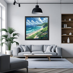Peaceful beach landscape canvas painting framed in black floater, showing ocean waves and soft sand for modern wall decor
