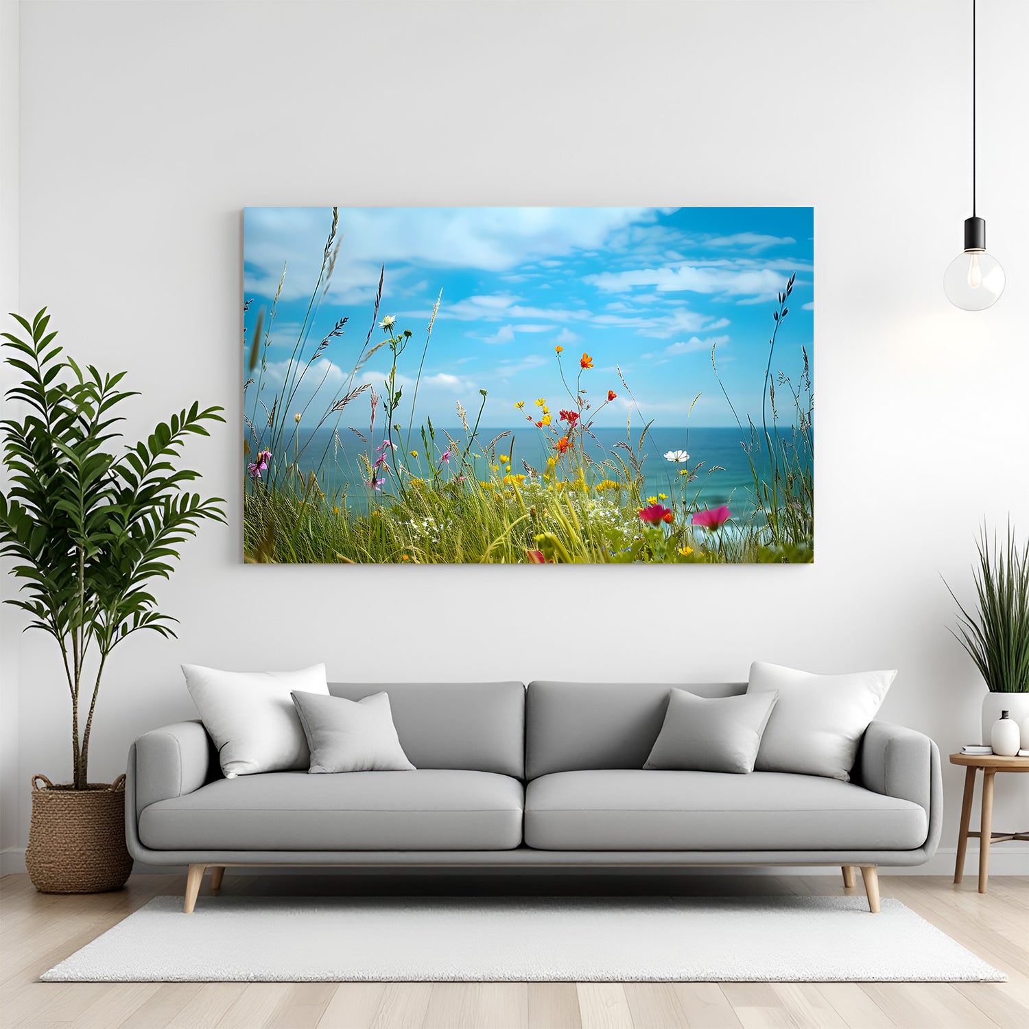 Canvas wall art featuring green grass, tiny wildflowers, blue sea, and a clear sky—perfect for peaceful and natural interior decor