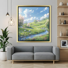 Charming nature canvas print of rabbit and river landscape, with golden floater frame adding warmth to the lively and serene wall decor