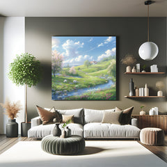 Canvas wall art showing rabbit eating grass beside a calm flowing river under a bright blue sky, capturing peaceful and cheerful natural scenery