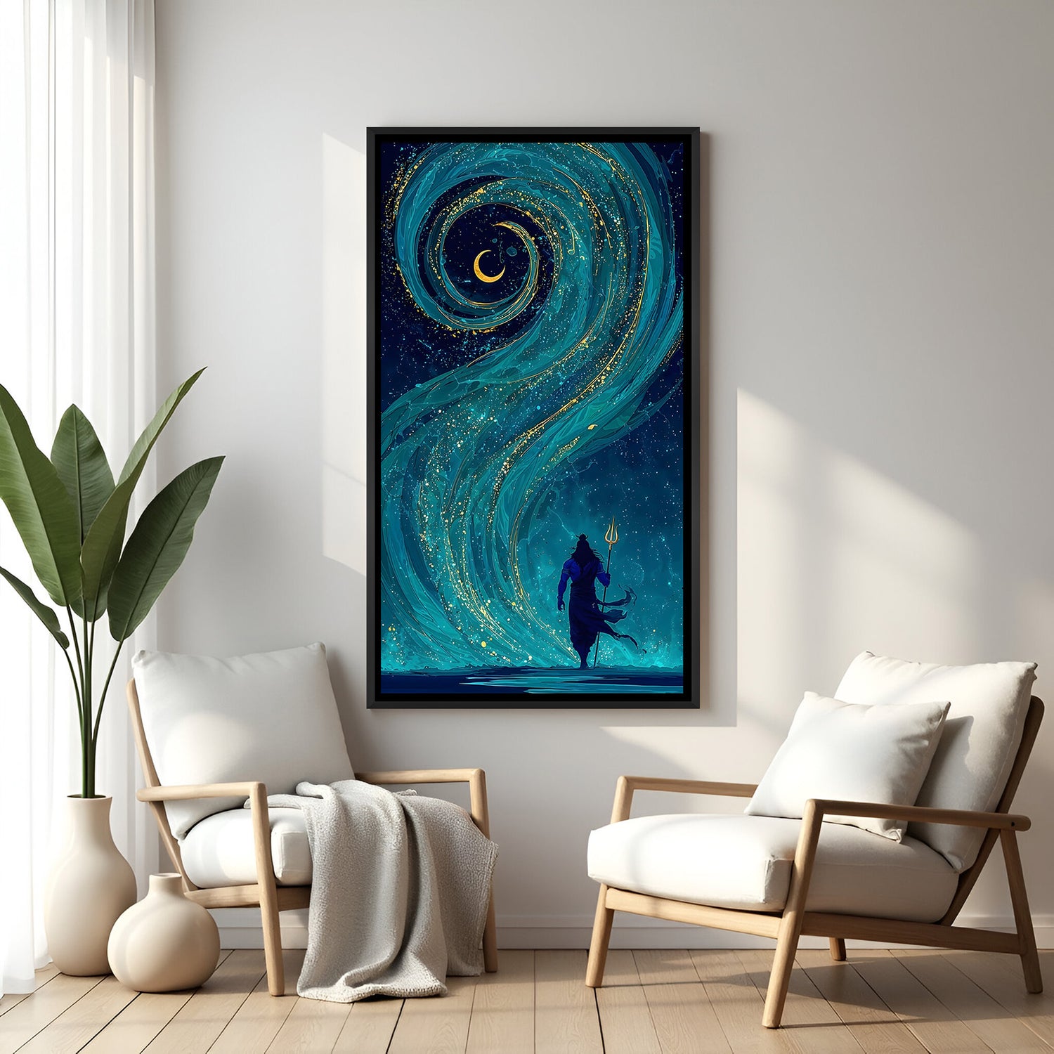 Cosmic Shiva silhouette with teal spiral vortex and golden dust in elegant black floater frame