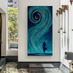 Silhouette of Lord Shiva against teal-blue celestial spiral with golden cosmic dust and crescent moon in premium canvas wrapped frame