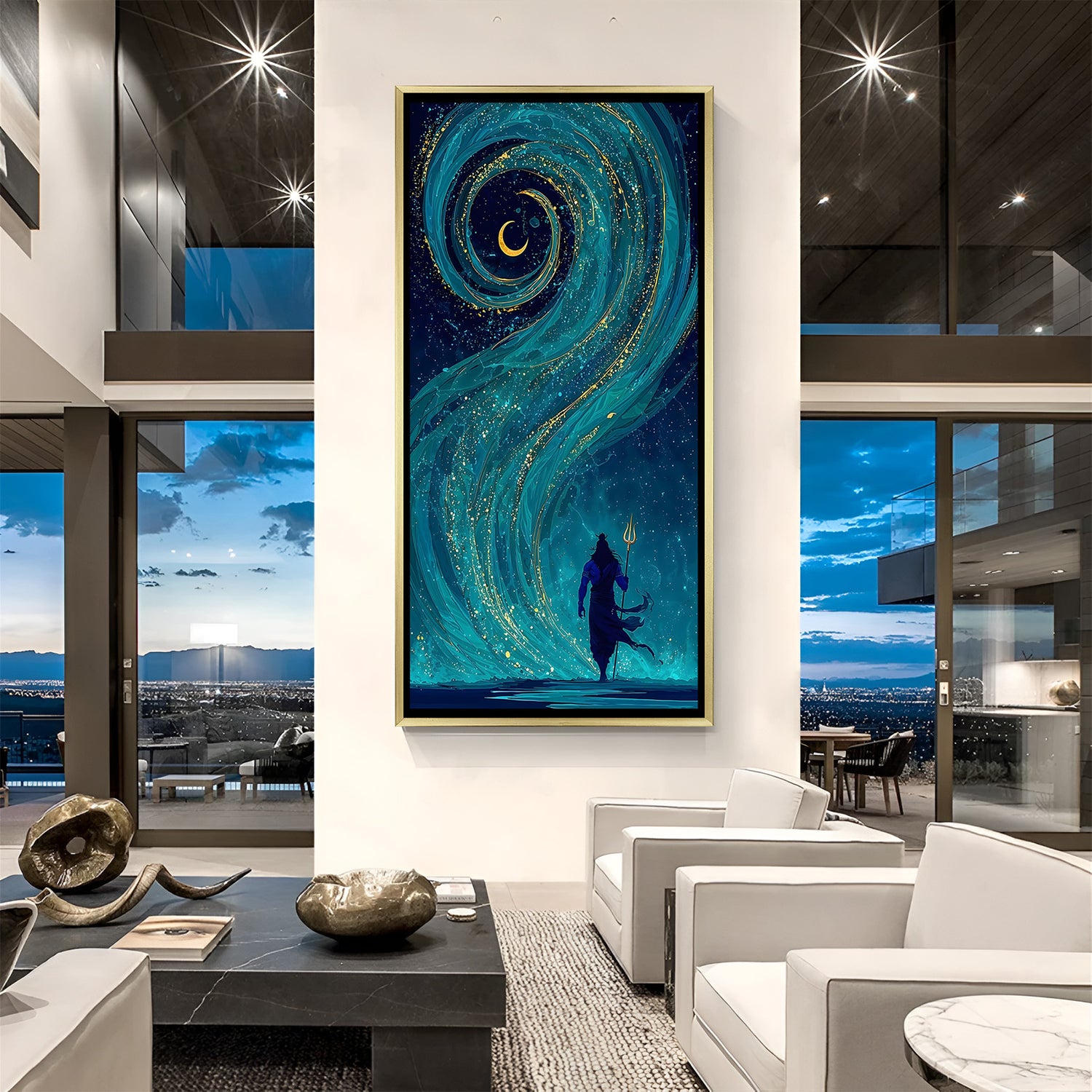 Lord Shiva celestial spiral canvas painting with crescent moon and golden cosmic dust in luxurious golden floater frame