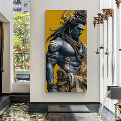 Lord Shiva blue hue vertical canvas artwork against vibrant yellow background in premium canvas wrapped frame