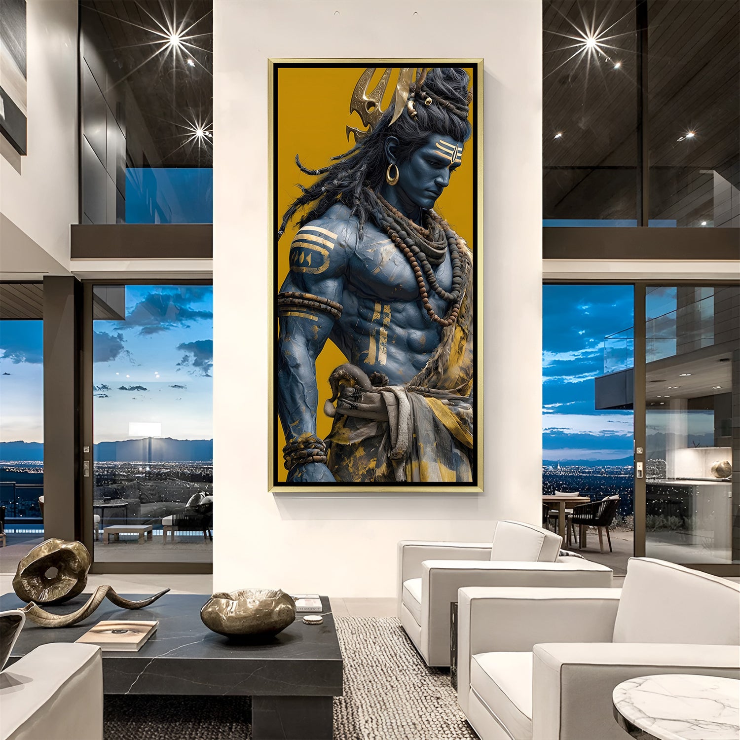 Lord Shiva vertical canvas painting with blue hue and vibrant yellow contrast in luxurious golden floater frame