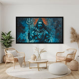 Dramatic Mahadev Trishul artwork in elegant black floater frame with blue spiritual tones