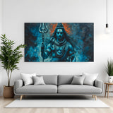 Blue-toned Lord Shiva holding Trishul canvas wall art in premium canvas wrapped frame with dramatic spiritual design