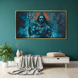 Lord Shiva blue-toned canvas painting with Trishul in luxurious golden floater frame devotional decor