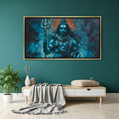 Lord Shiva blue-toned canvas painting with Trishul in luxurious golden floater frame devotional decor
