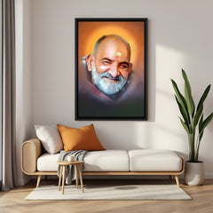 Neem Karoli Baba spiritual wall painting in black floater frame with golden aura