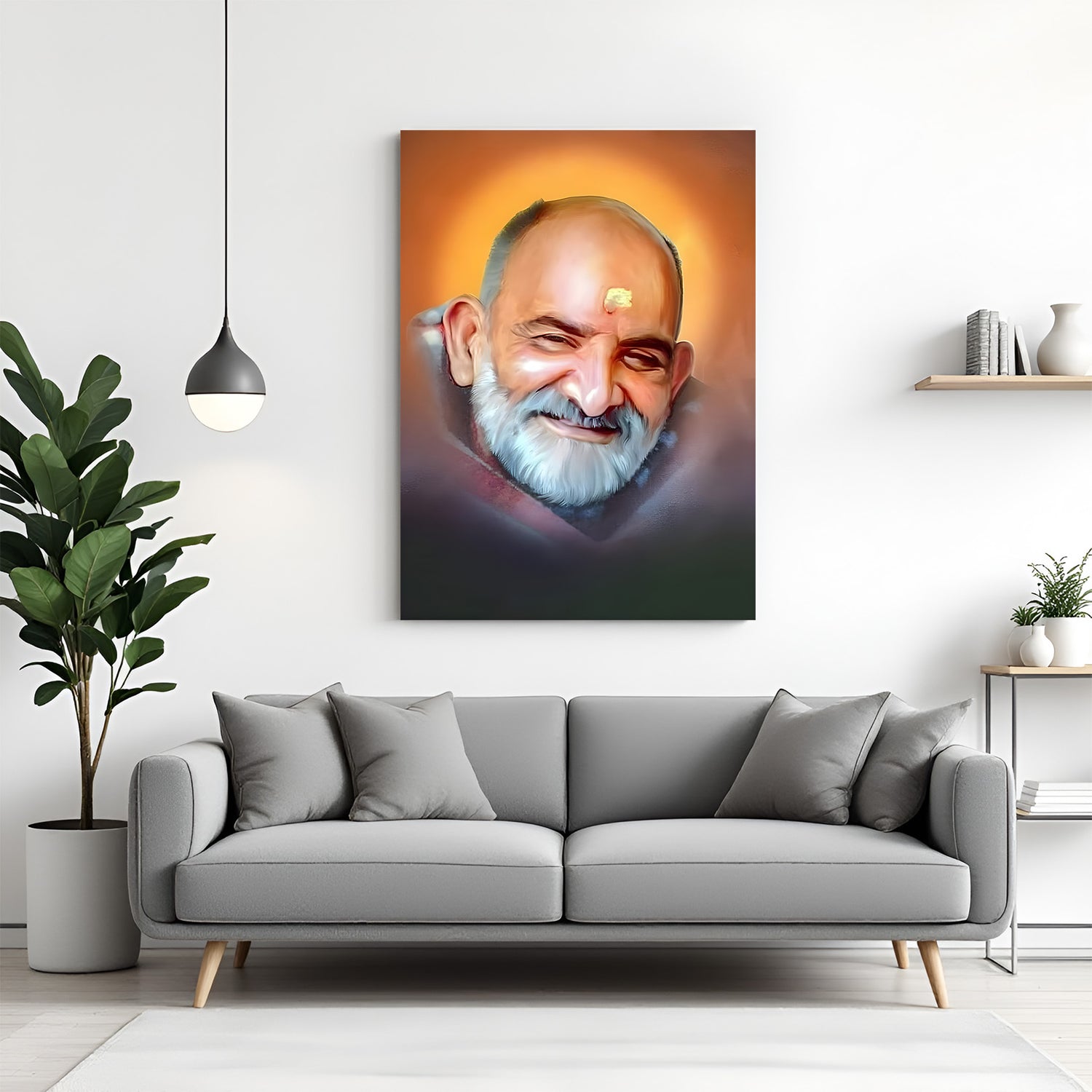 Neem Karoli Baba smiling canvas wall art with yellow tilak and glowing halo decor