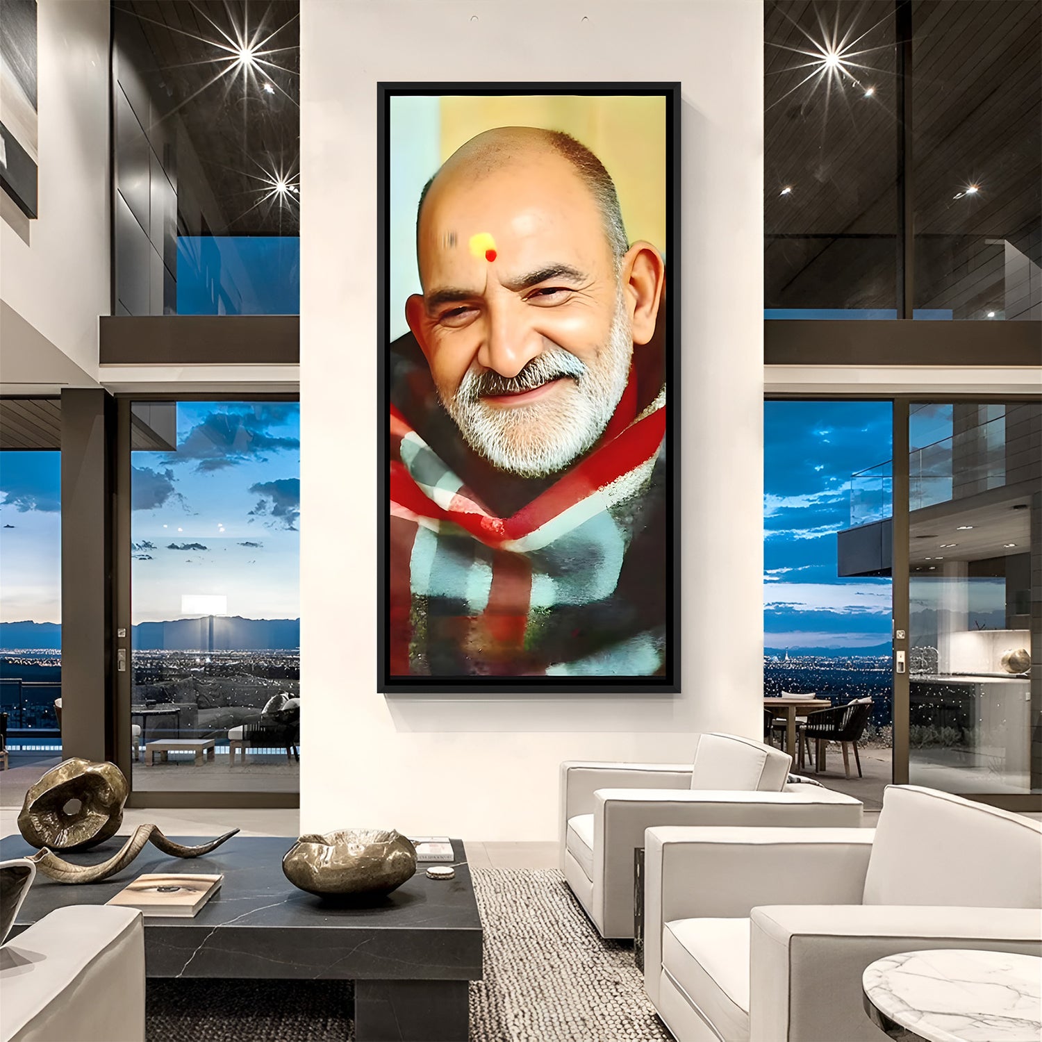 Neem Karoli Baba devotional wall painting in black floater frame spiritual decor