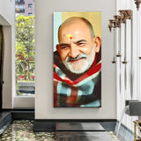 Neem Karoli Baba spiritual wall art with blue shawl peaceful divine canvas decor