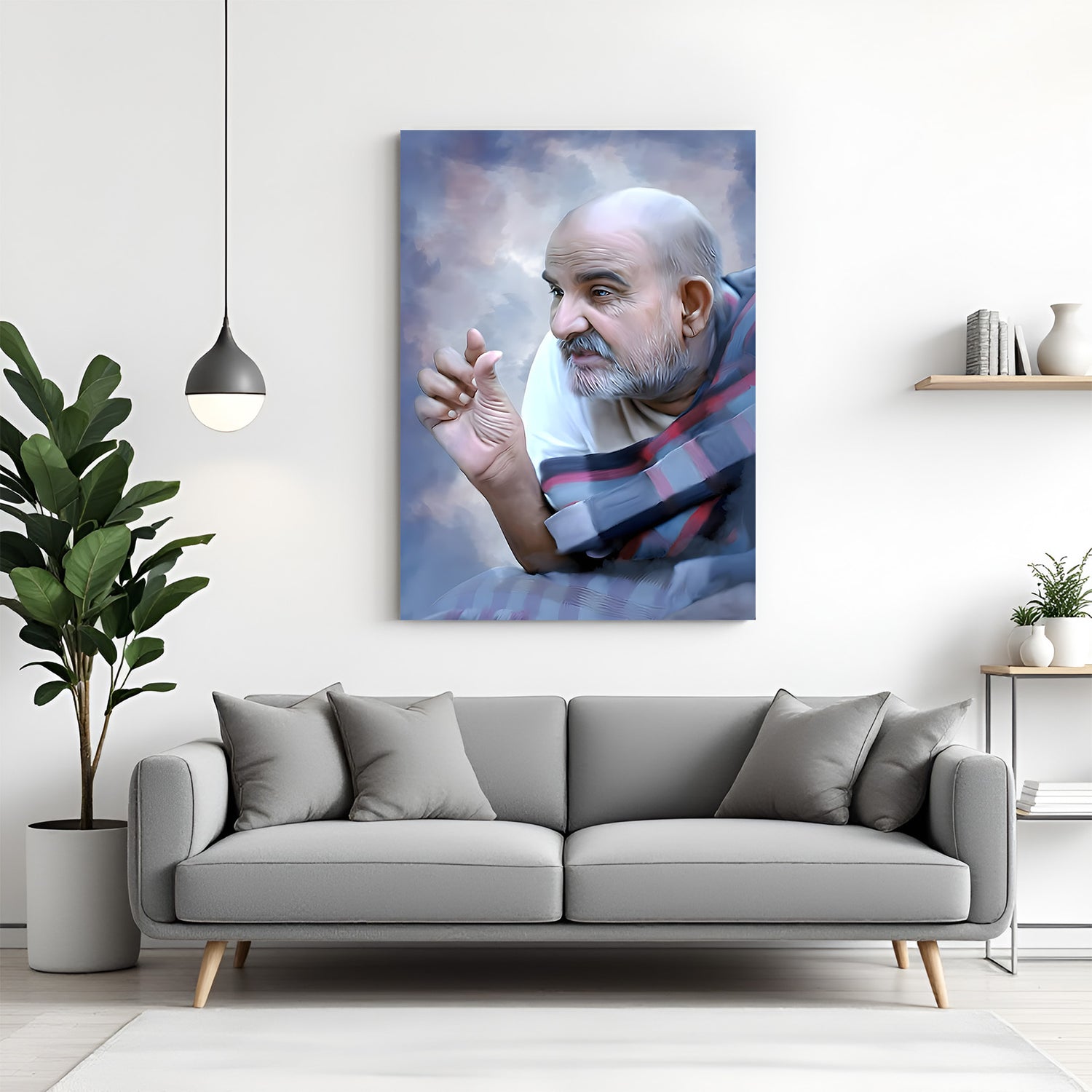 Neem Karoli Baba spiritual canvas wall art with peaceful expression and artistic painted style