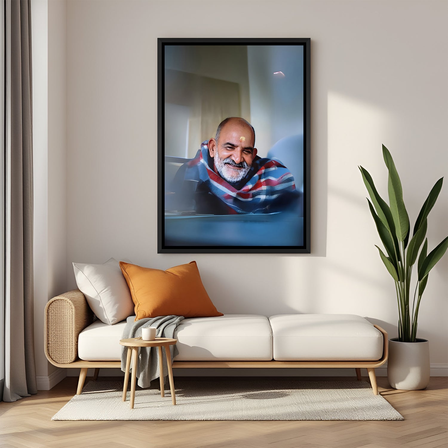 Neem Karoli Baba spiritual wall painting with smiling expression and yellow tilak in black floater frame
