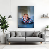 Neem Karoli Baba divine smile canvas wall art with yellow tilak and peaceful spiritual portrait in canvas wrapped frame