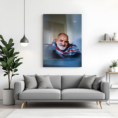 Neem Karoli Baba divine smile canvas wall art with yellow tilak and peaceful spiritual portrait in canvas wrapped frame