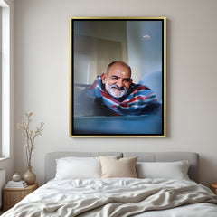 Neem Karoli Baba luxury spiritual artwork with sacred yellow tilak in elegant golden floater frame
