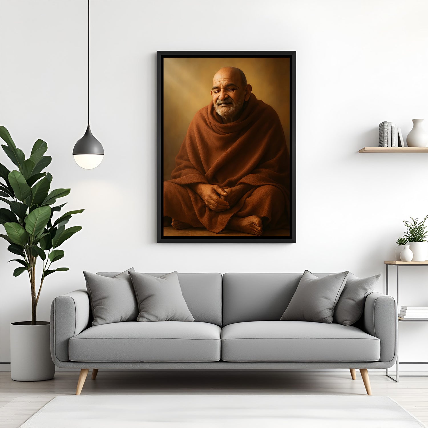 Neem Karoli Baba meditation wall painting in black floater frame spiritual decor