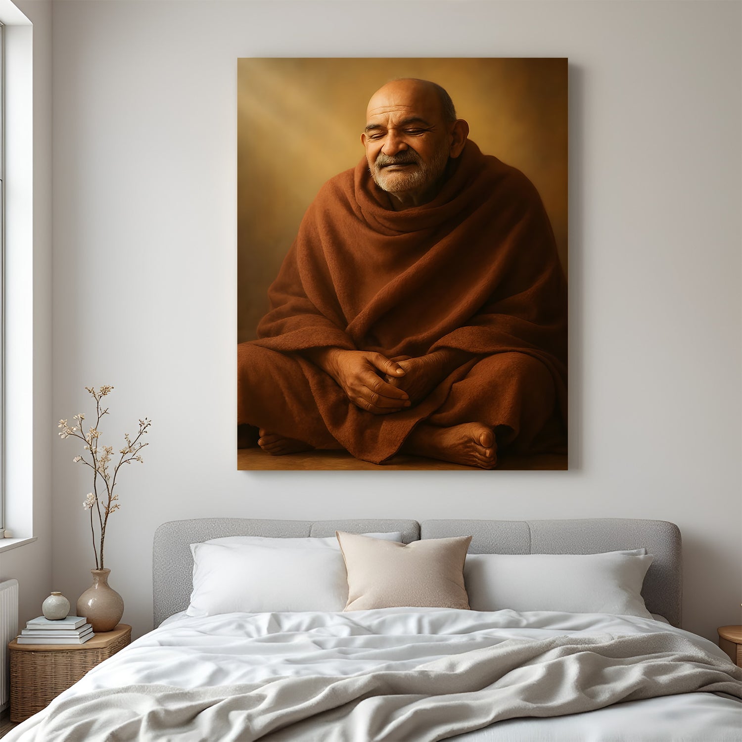 Neem Karoli Baba meditation pose spiritual canvas wall art peaceful decor