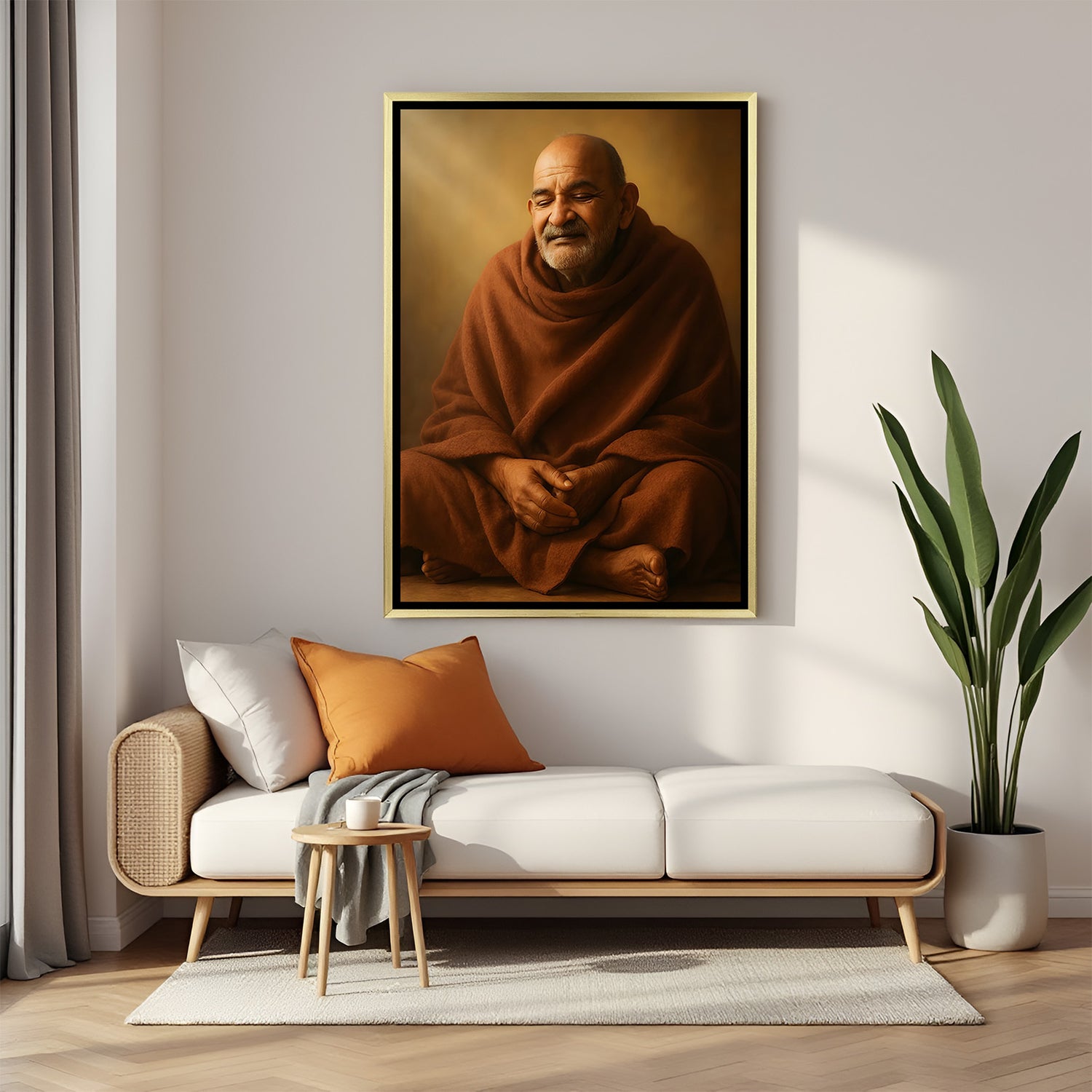 Neem Karoli Baba spiritual meditation artwork in golden floater frame decor