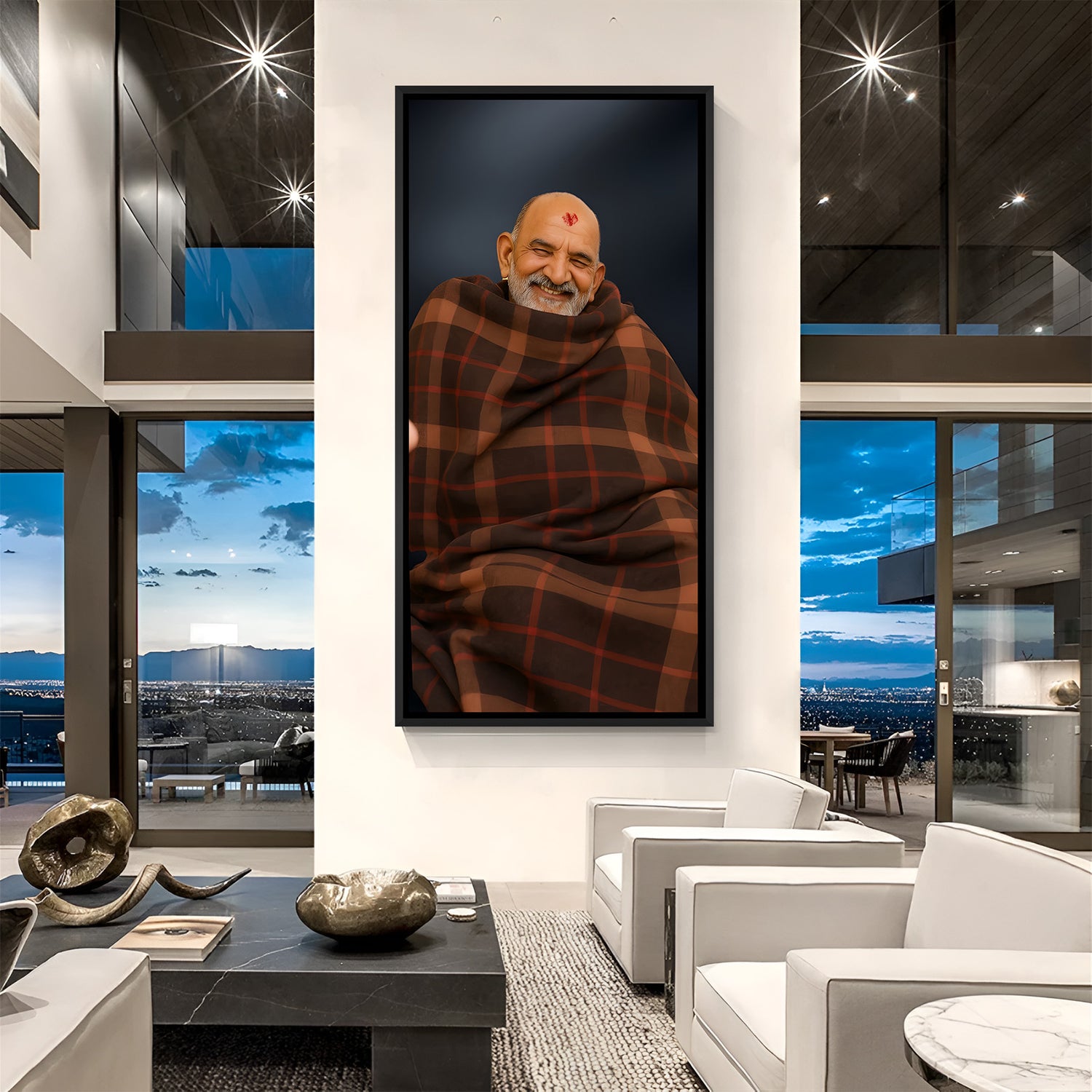 Neem Karoli Baba devotional wall painting in black floater frame spiritual decor