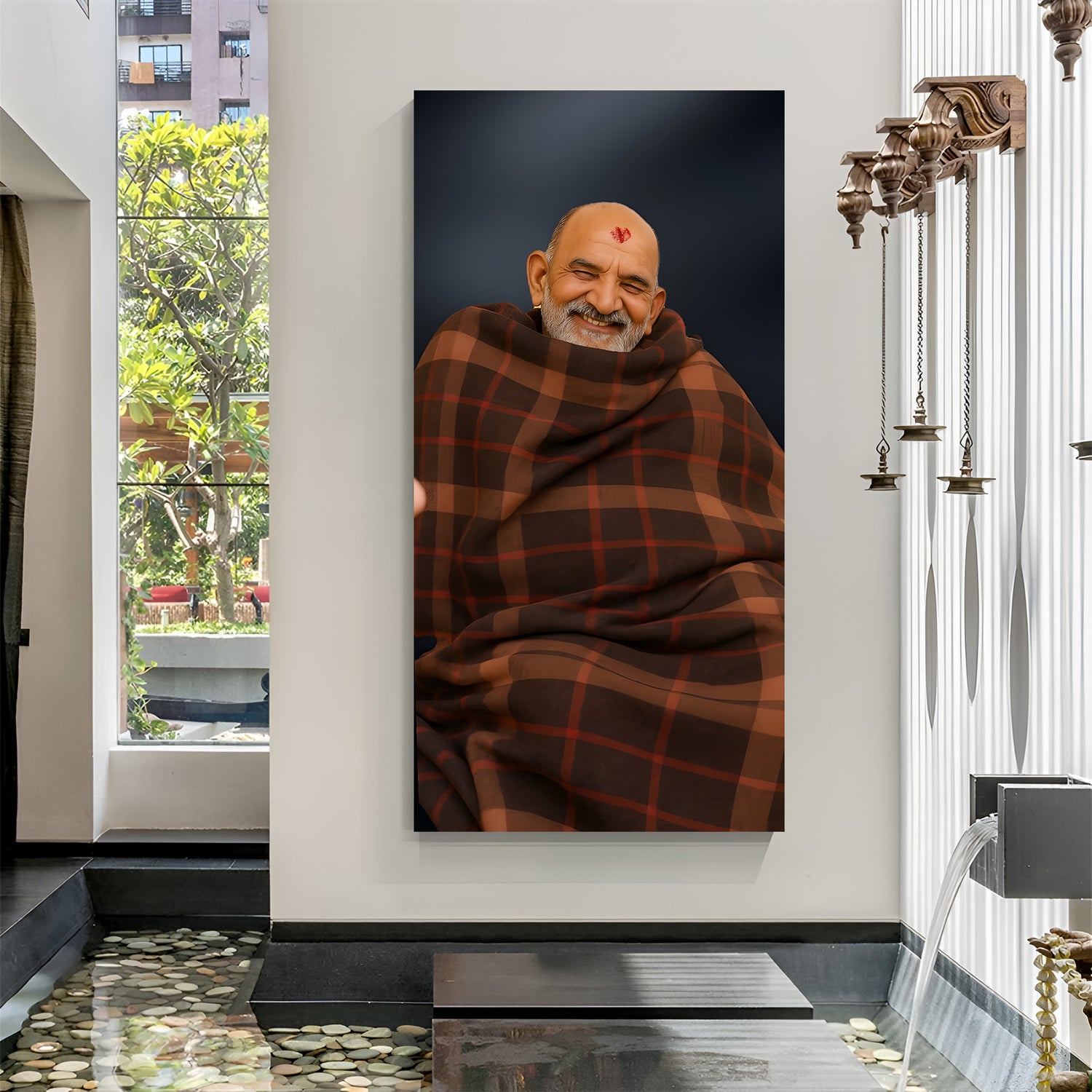 Neem Karoli Baba spiritual canvas wall art with brown shawl and red tilak decor