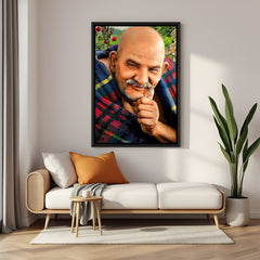 Neem Karoli Baba smiling wall painting in premium black floater frame for spiritual modern interiors