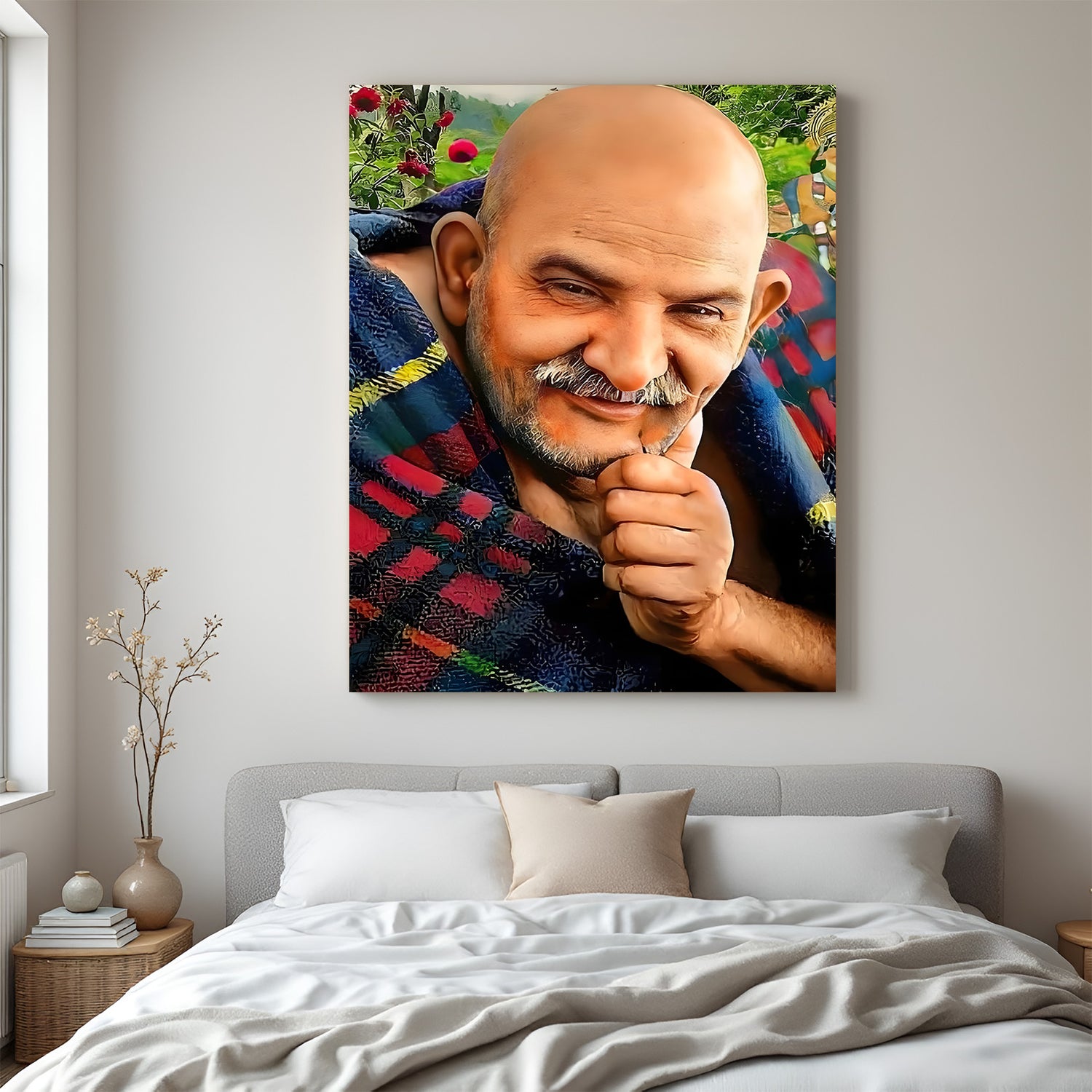 Neem Karoli Baba smiling spiritual canvas wall art with colorful shawl and peaceful artistic portrait in canvas wrapped frame