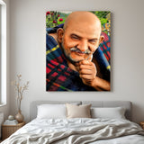 Neem Karoli Baba smiling spiritual canvas wall art with colorful shawl and peaceful artistic portrait in canvas wrapped frame