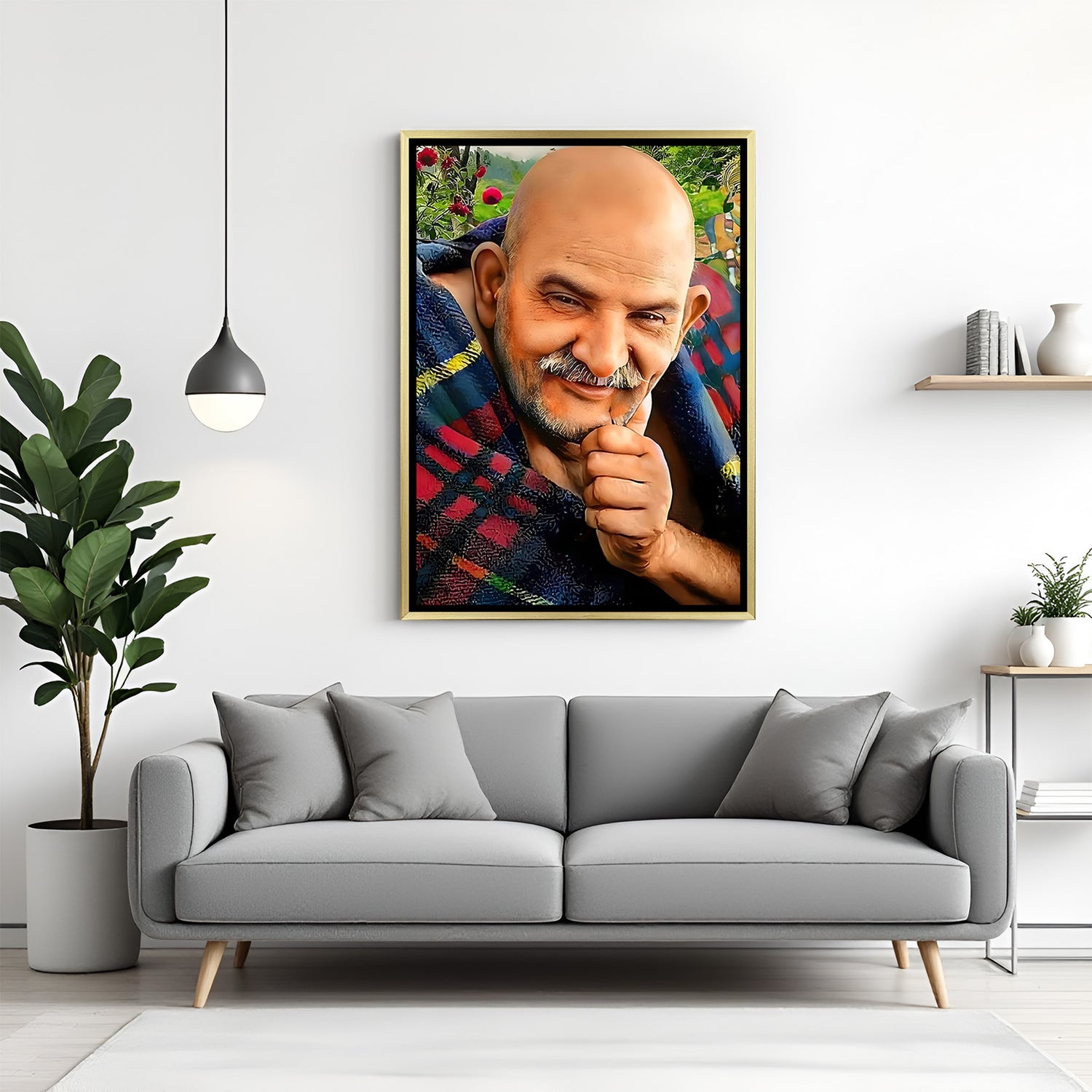 Neem Karoli Baba artistic spiritual artwork in luxury golden floater frame with warm peaceful expression