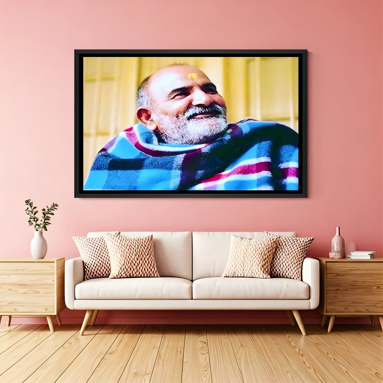 Neem Karoli Baba wall painting in black floater frame spiritual modern decor