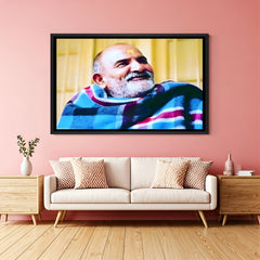 Neem Karoli Baba wall painting in black floater frame spiritual modern decor