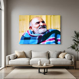 Neem Karoli Baba spiritual canvas wall art with blue shawl and yellow tilak decor