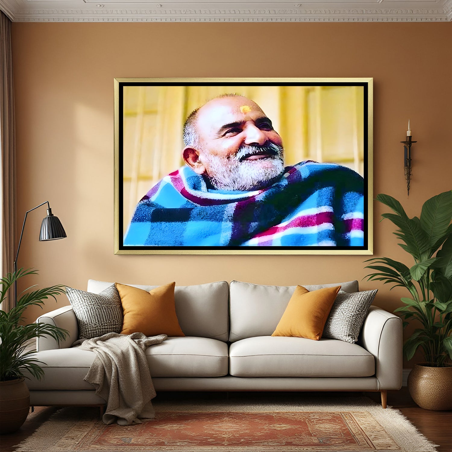 Neem Karoli Baba artwork in golden floater frame premium devotional wall decor