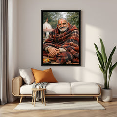 Neem Karoli Baba devotional wall painting in black floater frame with temple backdrop