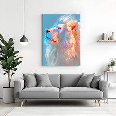 Contemporary lion wall art in canvas wrapped frame featuring vibrant blue and neon orange highlights on a white lion portrait.
