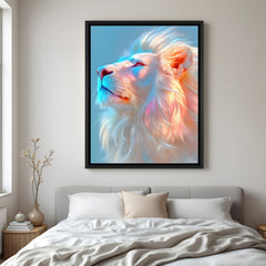 Modern colorful lion artwork in black floater frame with glowing neon tones and minimalist background.