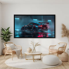 Modern GT sports car artwork in black frame with cinematic night lighting.