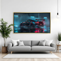 Luxury performance car canvas art in white frame with neon glow effect.