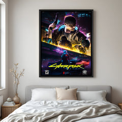 Neon Rebels of Night City wall painting in black floater frame with futuristic cyberpunk gaming artwork