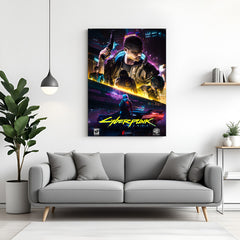 Neon Rebels of Night City canvas wall art featuring four futuristic characters inspired by Cyberpunk 2077 in premium canvas wrapped frame
