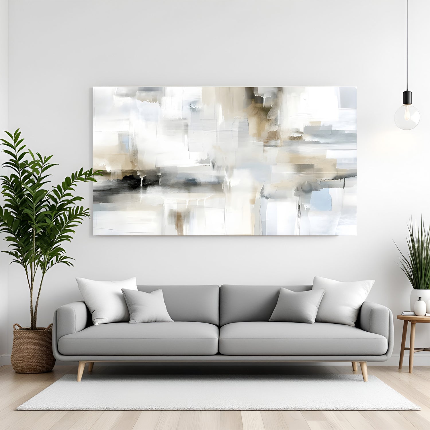 Neutral abstract canvas wall art in beige, grey, and white tones with soft layered texture displayed above sofa in modern living room canvas wrap decor