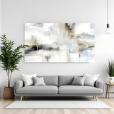 Neutral abstract canvas wall art in beige, grey, and white tones with soft layered texture displayed above sofa in modern living room canvas wrap decor